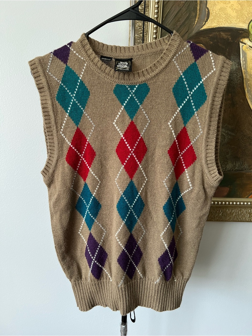 Kennington California Men Argyle Knit Sweater Vest Tan Brown Multi Color Medium